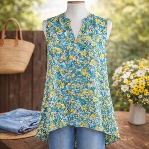 Juniper & Lime Women's Sleeveless Turquoise Yellow V-Neck High Low Top Size XL